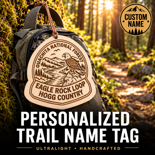 backpack-tag.jpg	Personalized Eagle Rock Loop backpack tag with custom trail name, handcrafted from reclaimed wood for hikers and backpackers