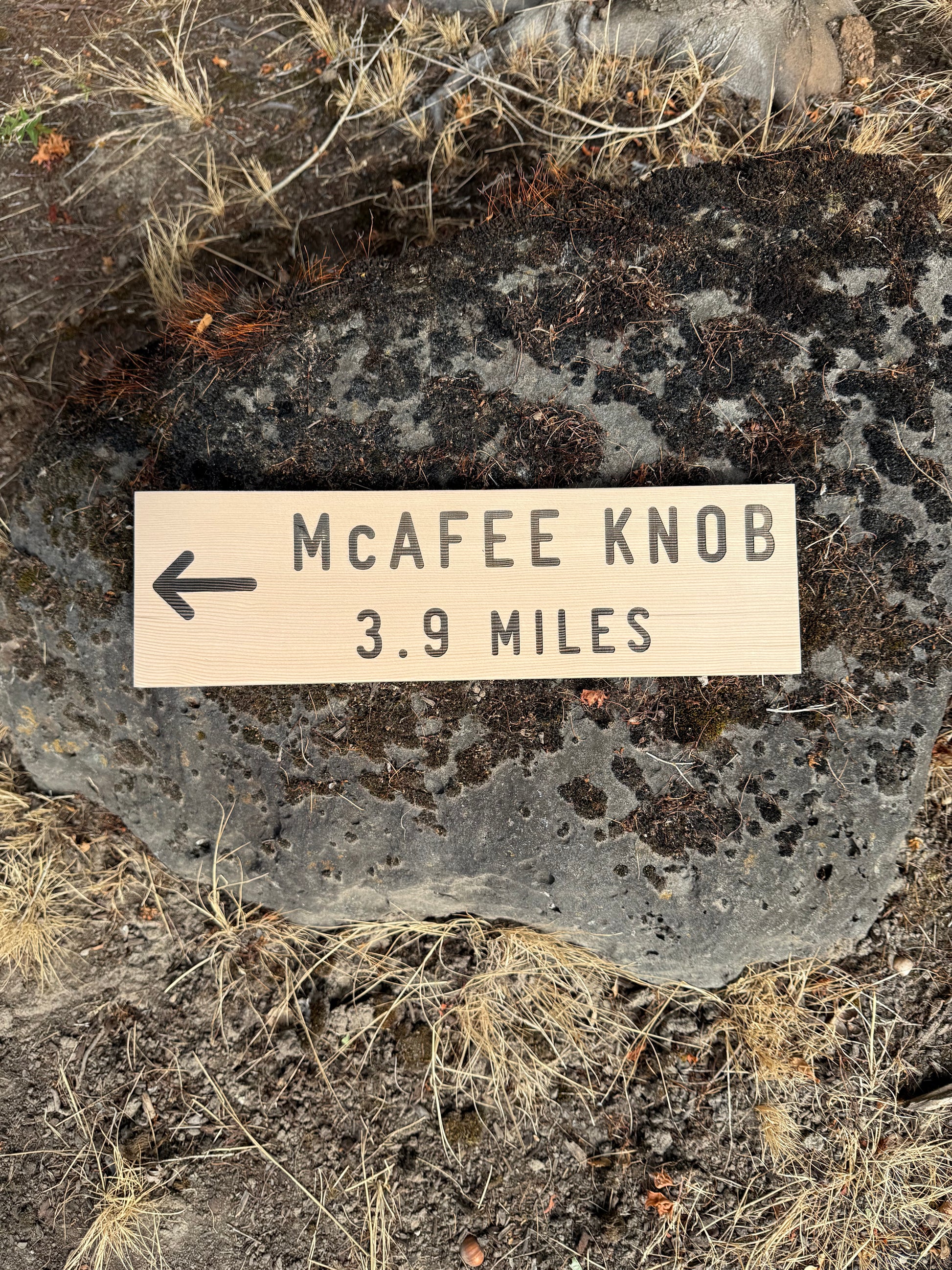Unique gift for an Appalachian Trail hiker featuring a handcrafted McAfee Knob wooden trail sign
