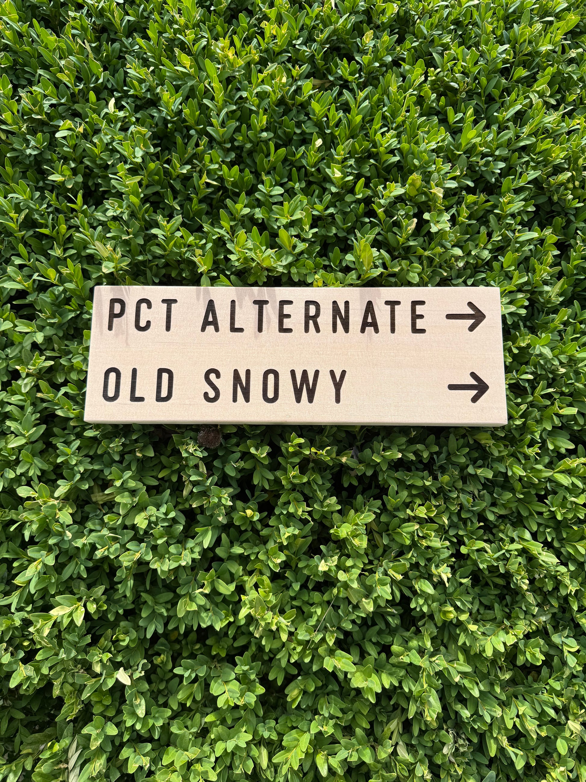 Unique gift for a Pacific Crest Trail hiker featuring a handcrafted Old Snowy Trail wooden sign for PCT trail enthusiasts