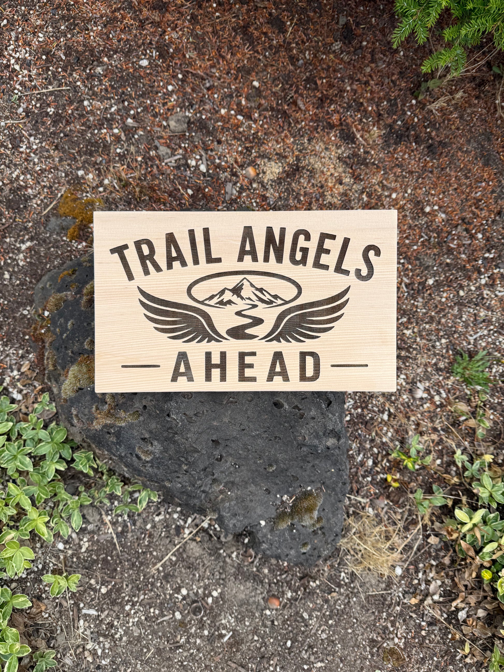 Thoughtful gift for Trail Angels featuring a handcrafted wooden Trail Angels Ahead sign for hikers and volunteers.