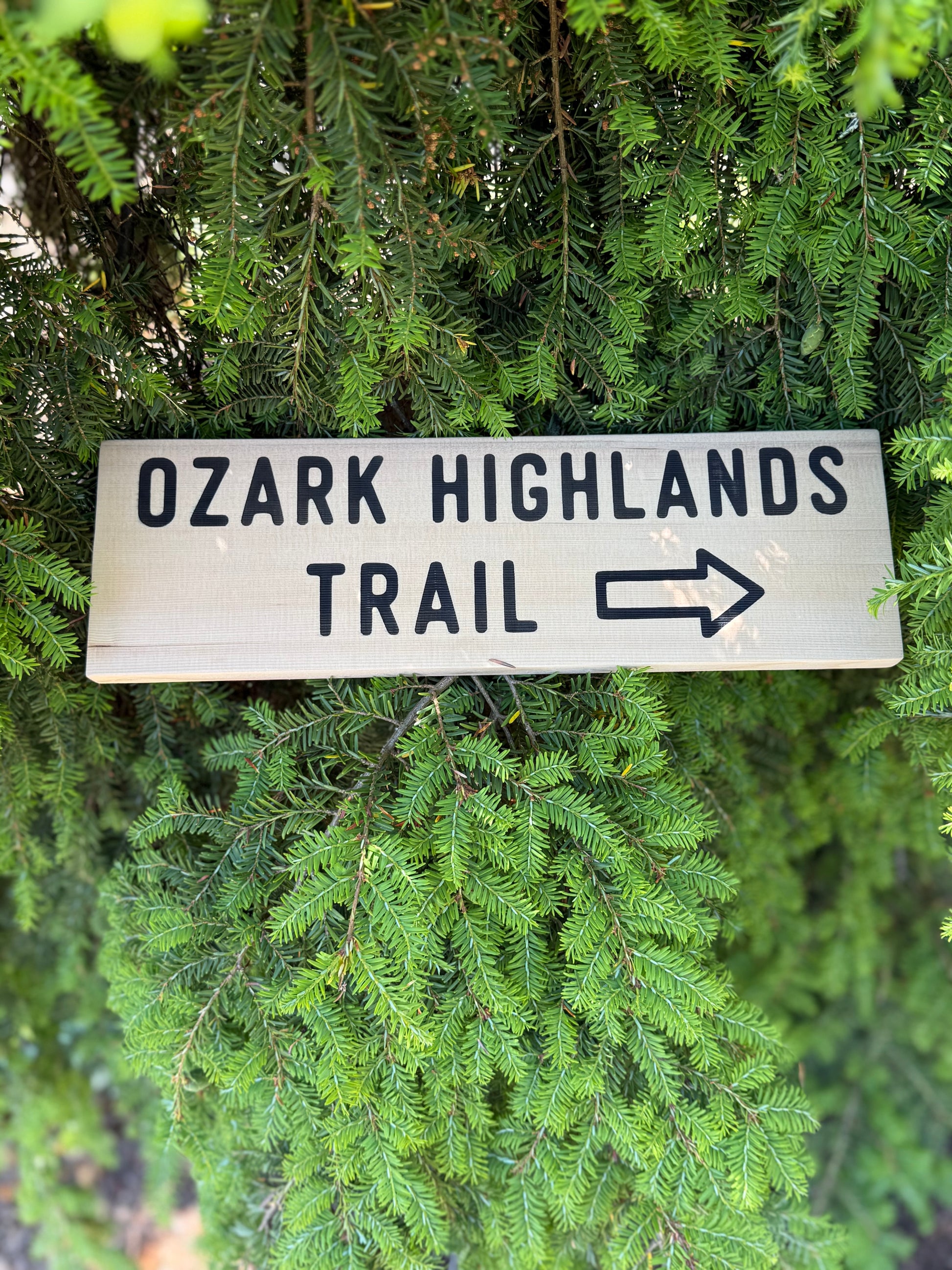 Handmade Ozark Highlands Trail directional wall art featuring authentic trail sign styling