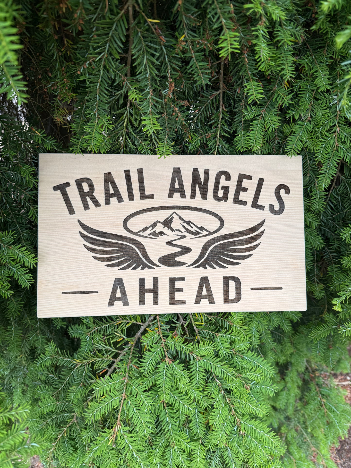 Decorative Trail Angels wood sign perfect for hiking cabins, trail hostels, offices, and man caves.