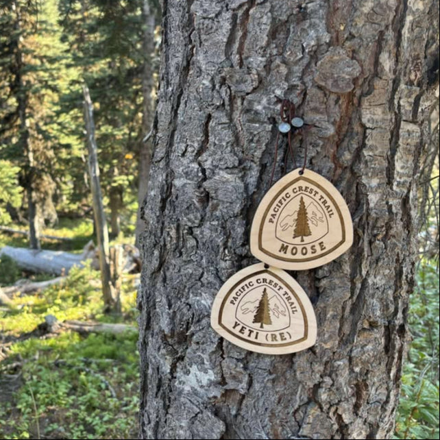 Two wooden trail tags hanging from a backpack in a wooded setting