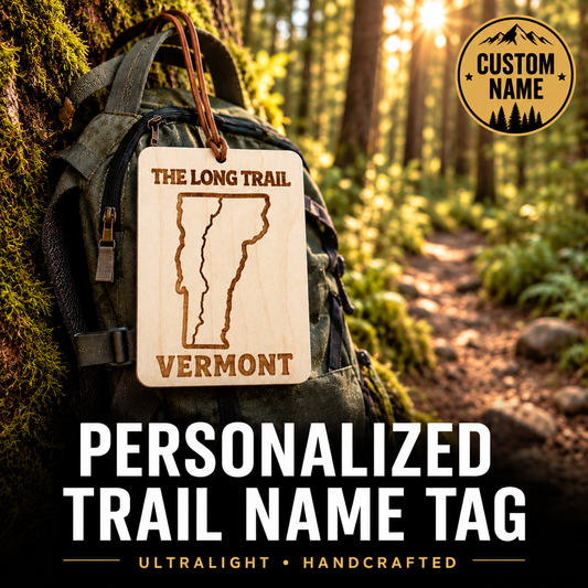 Personalized Long Trail backpack tag featuring a custom trail name, handcrafted from reclaimed wood for hikers and backpackers