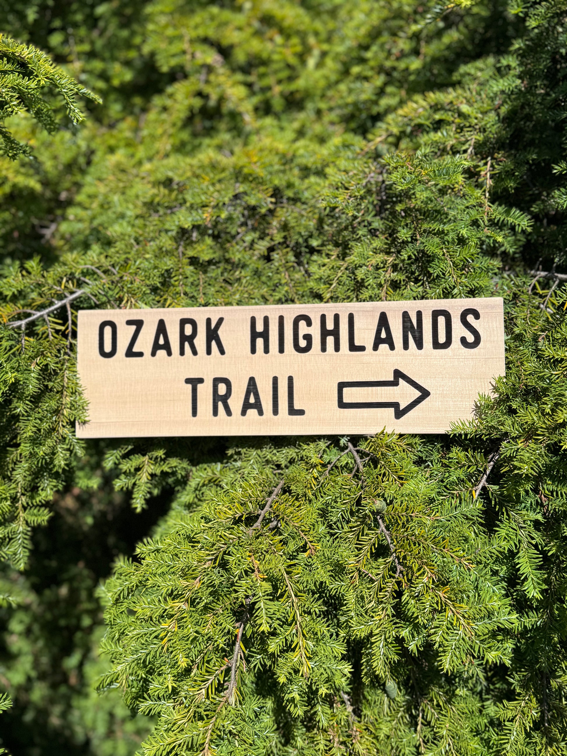 Wooden Ozark Highlands Trail directional sign perfect for cabin decor and hiking enthusiasts