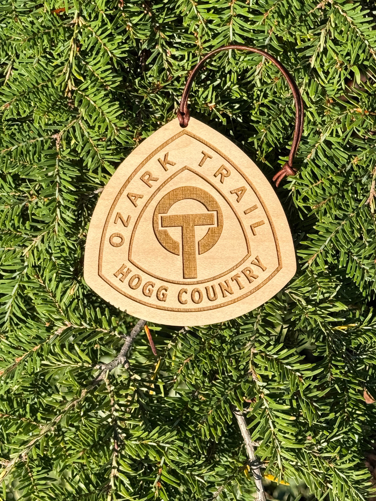 Ozark Trail OT hiking backpack tag personalized with a custom trail name, lightweight reclaimed wood and leather cord