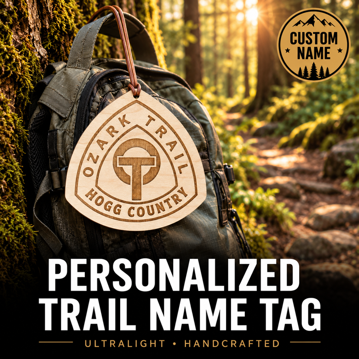 Personalized Ozark Trail backpack tag with custom trail name, handcrafted from reclaimed wood for hikers and backpacker