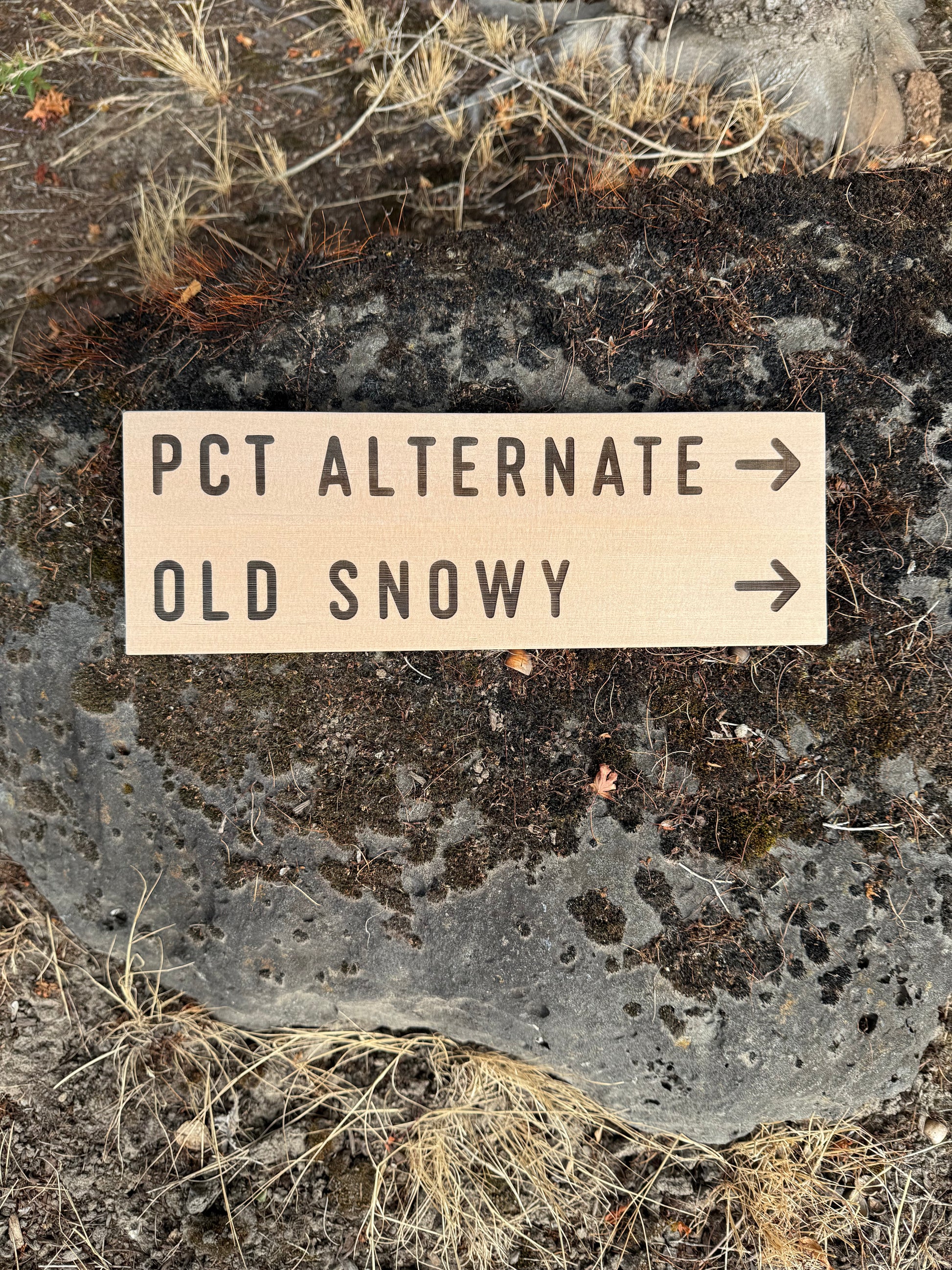 PCT Alternate Old Snowy Trail wooden sign inspired by the Pacific Crest Trail route for backpackers and long-distance hikers