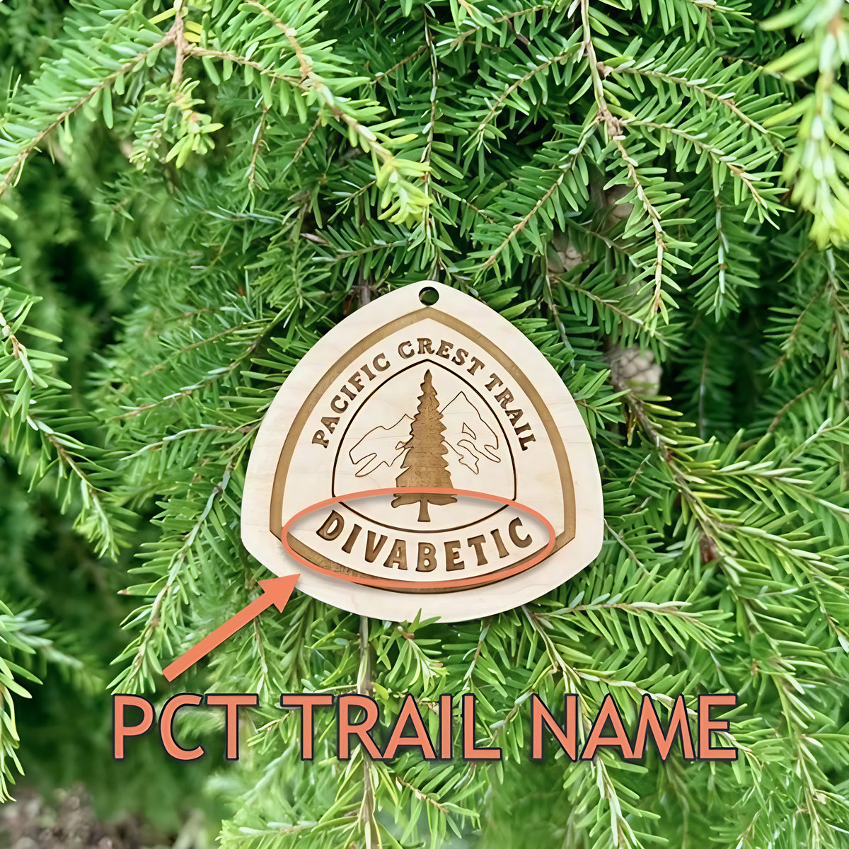 Personalized Pacific Crest Trail wooden hangtag with custom trail name engraving