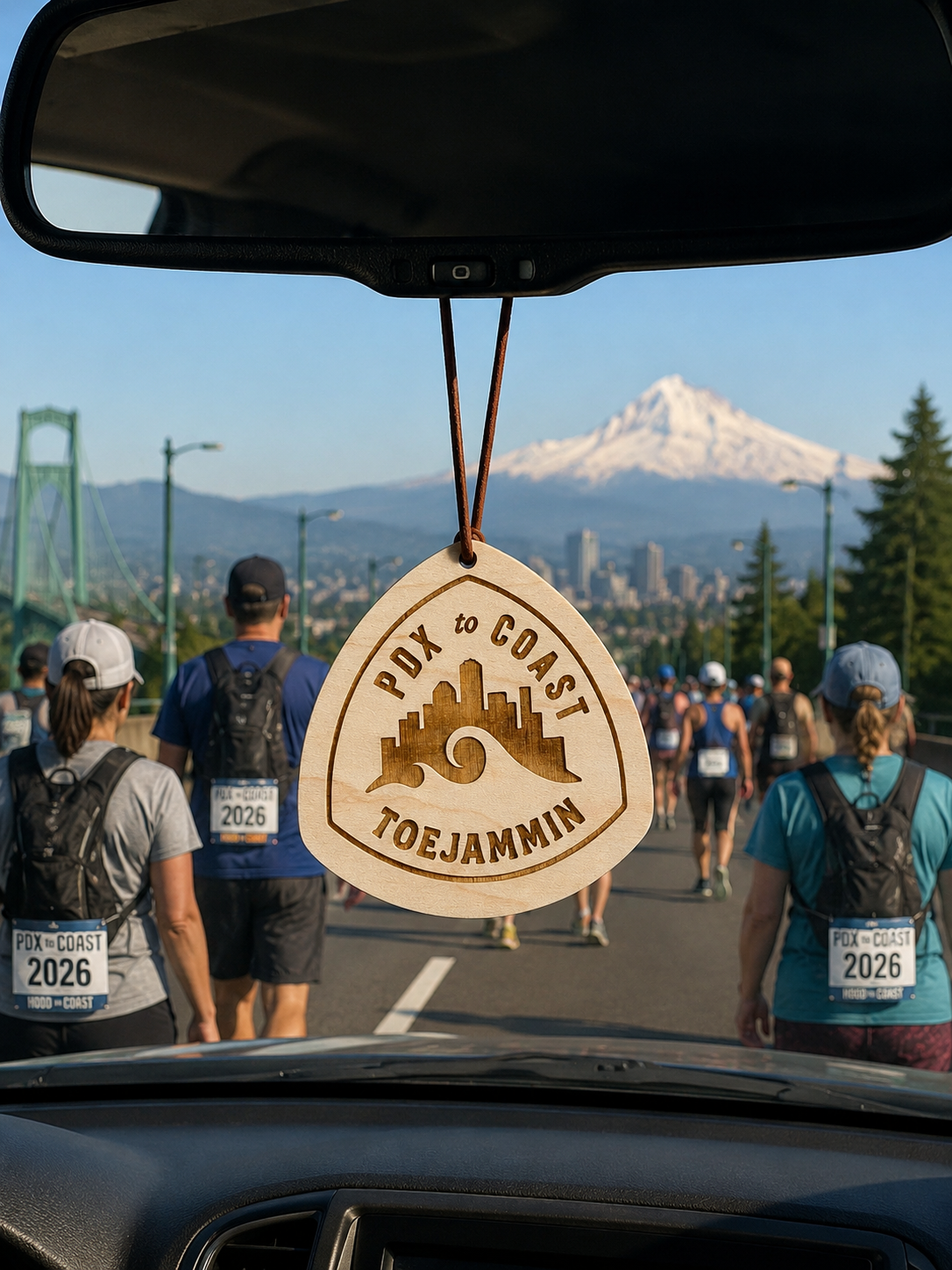 Personalized Portland to Coast wooden hangtag engraved with custom runner name, team name, and year for Hood to Coast relay walkers.