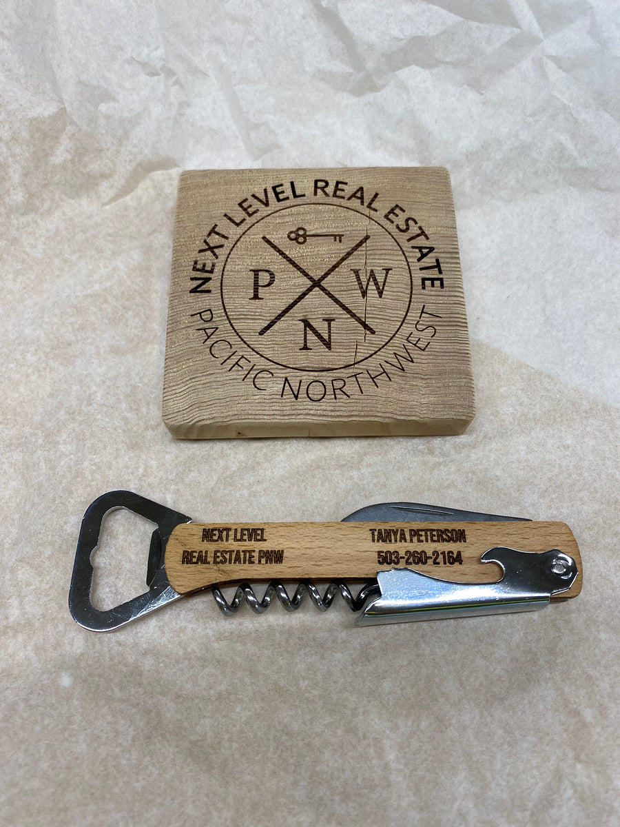 Personalized Realtor closing gift set with engraved wood coaster and bottle opener