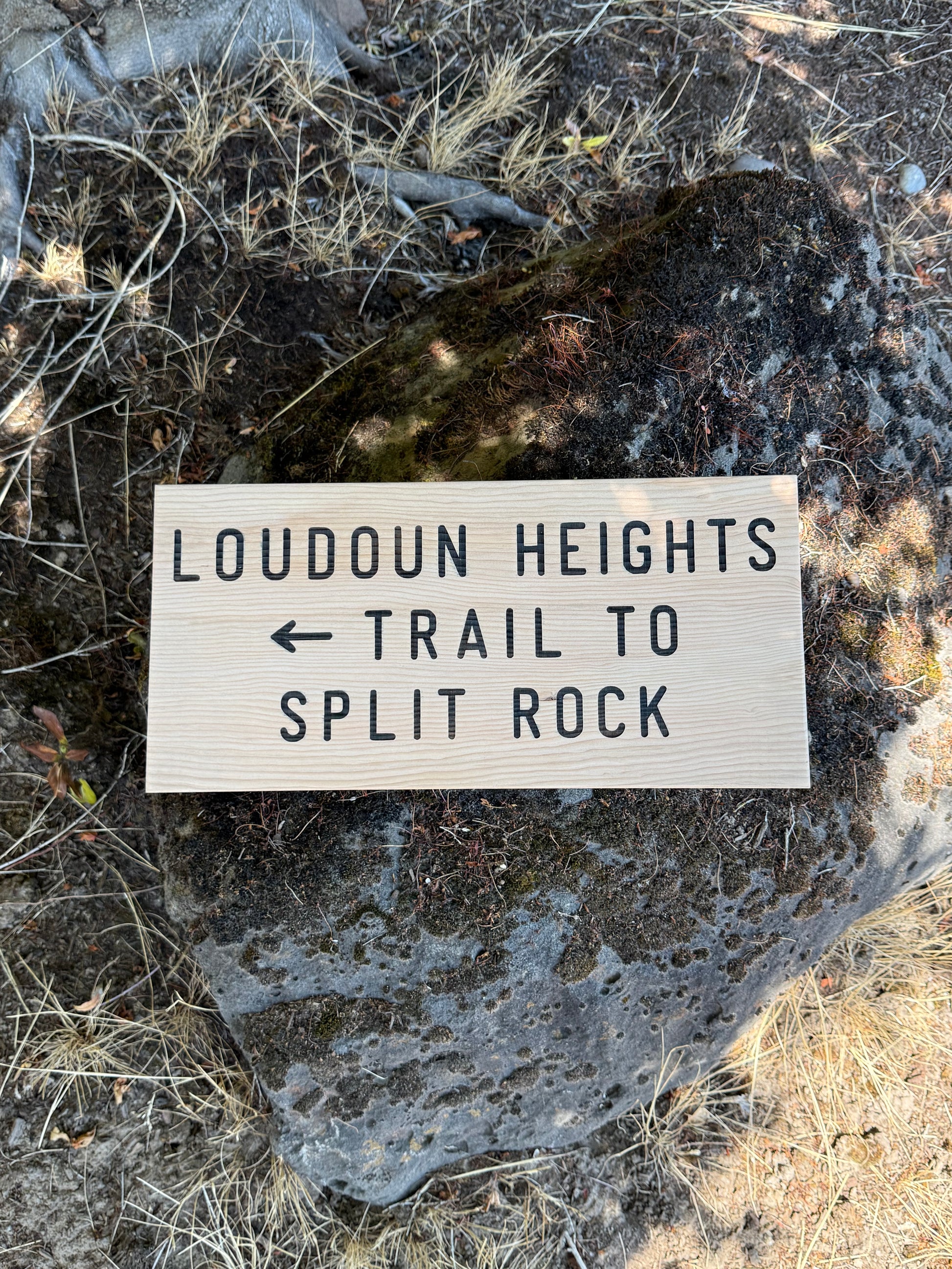 Appalachian Trail inspired wood sign featuring Loudoun Heights Trail to Split Rock trail marker details