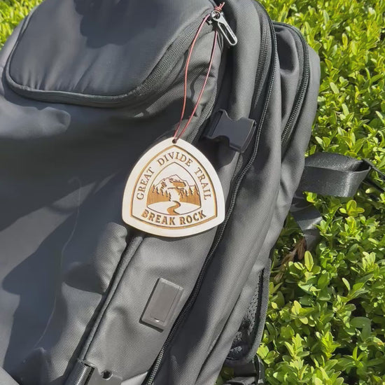 Great Divide Trail wooden hangtag, personalized with hiker’s trail name, laser engraved on reclaimed wood, lightweight and durable, perfect for backpacks, gear, trail trading, gifts, ornaments, and long-distance adventures