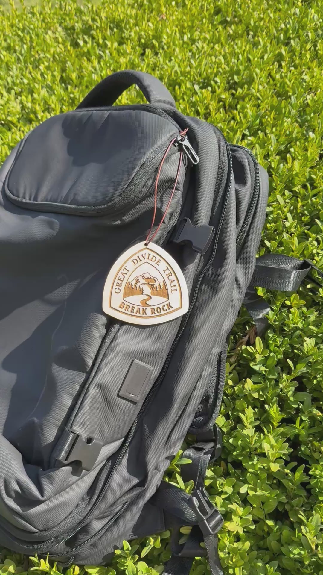 Great Divide Trail wooden hangtag, personalized with hiker’s trail name, laser engraved on reclaimed wood, lightweight and durable, perfect for backpacks, gear, trail trading, gifts, ornaments, and long-distance adventures