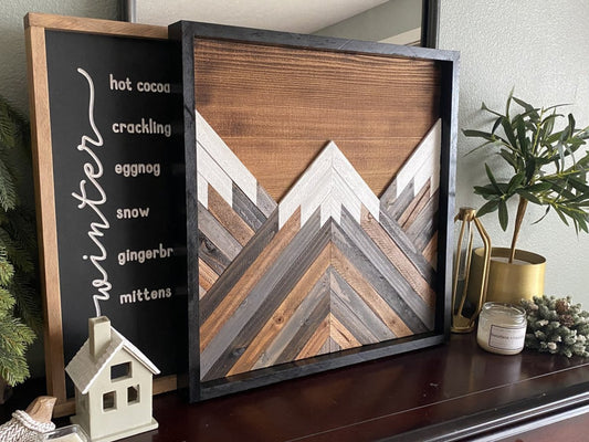 20x20 rustic mountain wood wall art handcrafted from reclaimed wood, displayed in a home with natural wood tones.