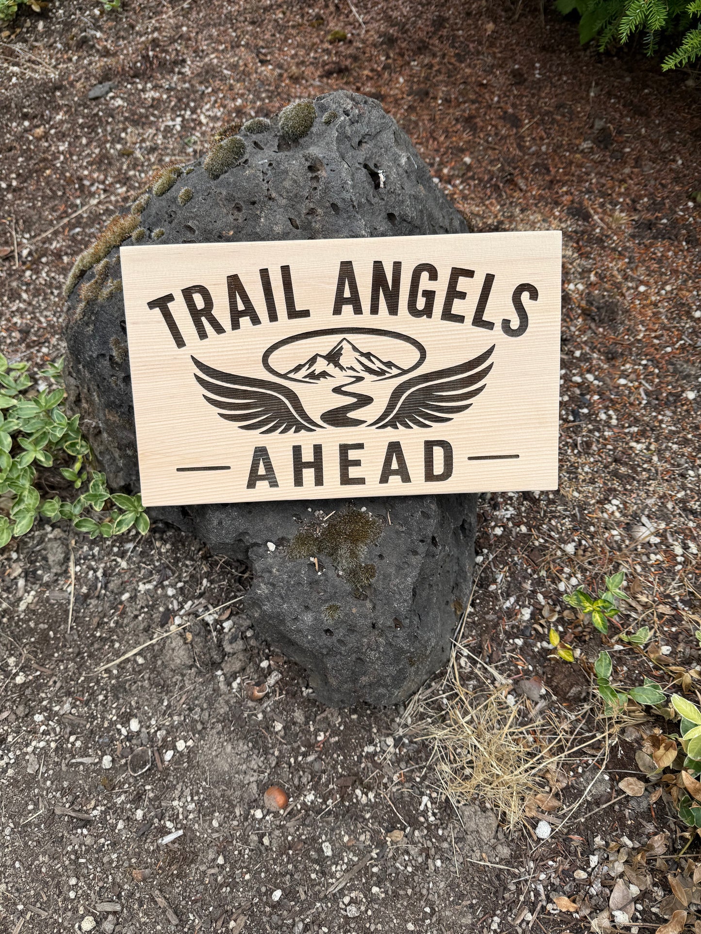Premium wooden Trail Angels sign for home décor, hiking cabins, hostels, and outdoor enthusiasts.