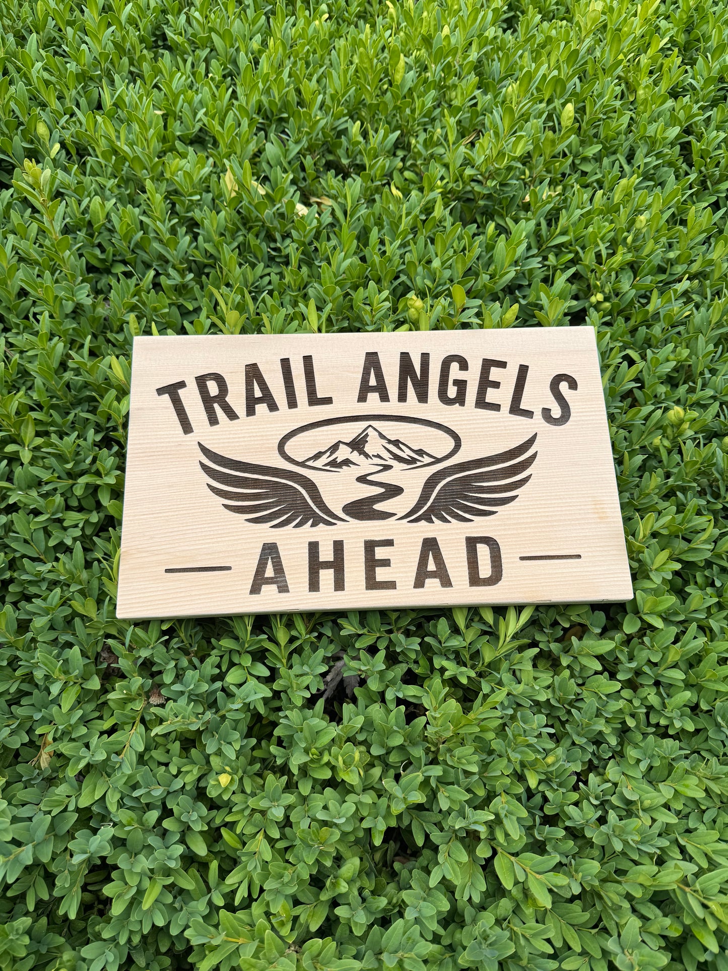 Laser engraved Trail Angels Ahead wall art celebrating the hiking community and outdoor adventure