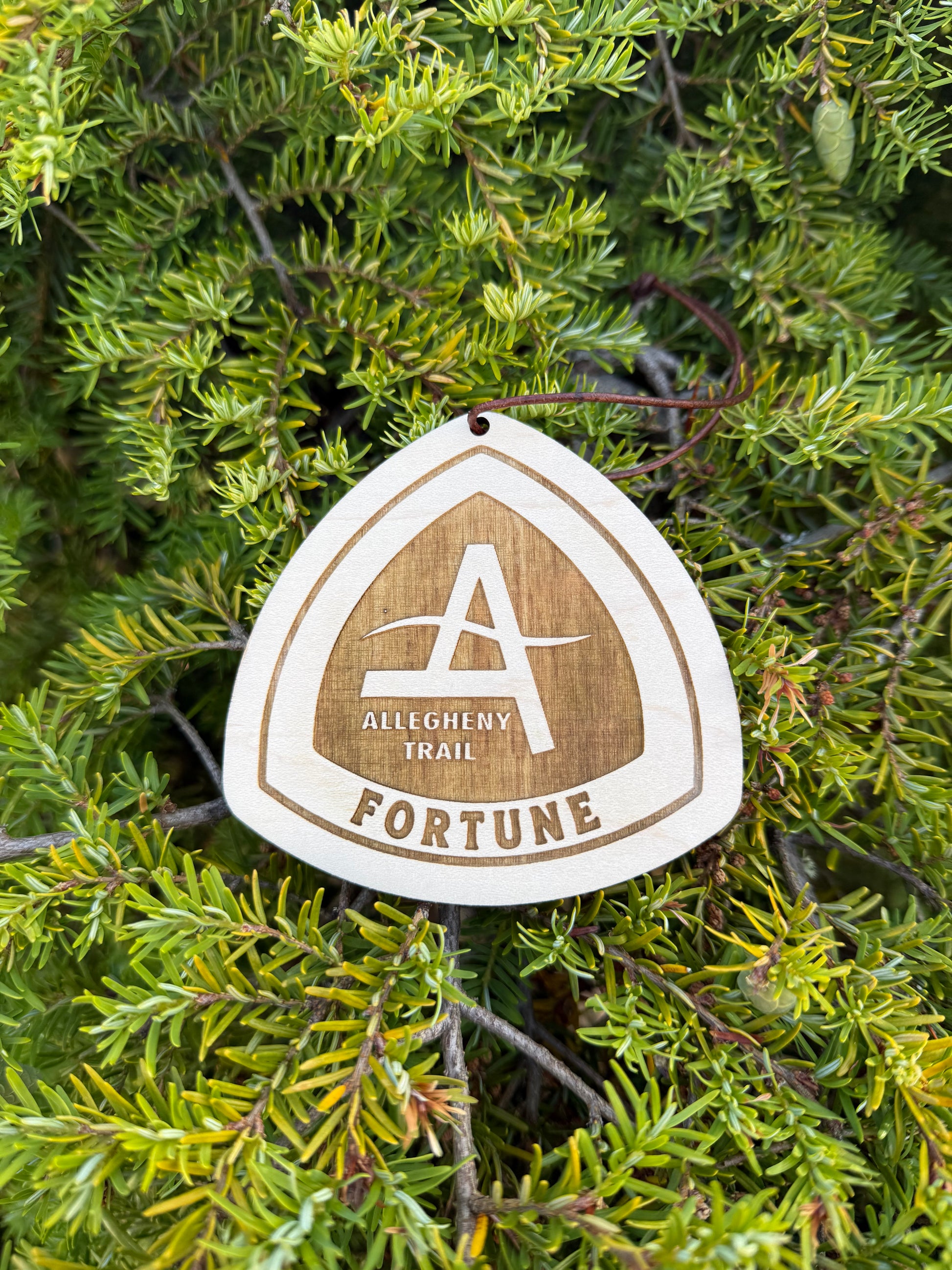Ultralight custom wooden backpack tag shown for size comparison. Personalized Allegheny Trail luggage tag for hiking backpacks, trekking packs, and outdoor gear.