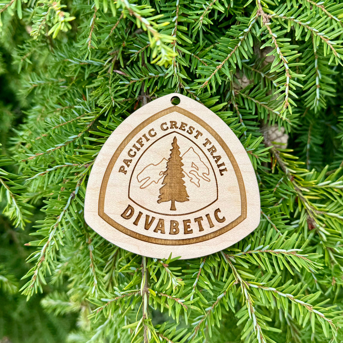 Close-up of a round engraved wooden hiking tag against green forest foliage